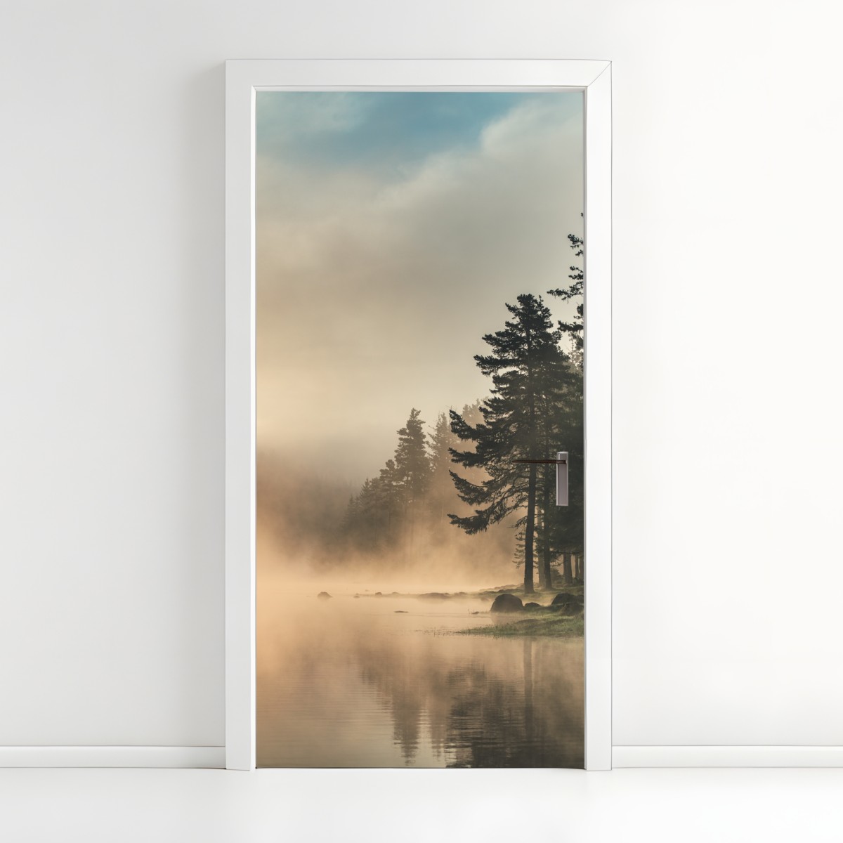 Door sticker misty sunrise over forest lake