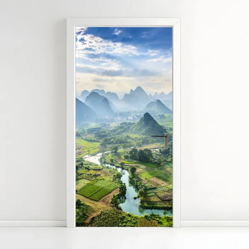 Naklejka na drzwi złote tarasy ryżowe o wschodzie słońca – Wallissimo®