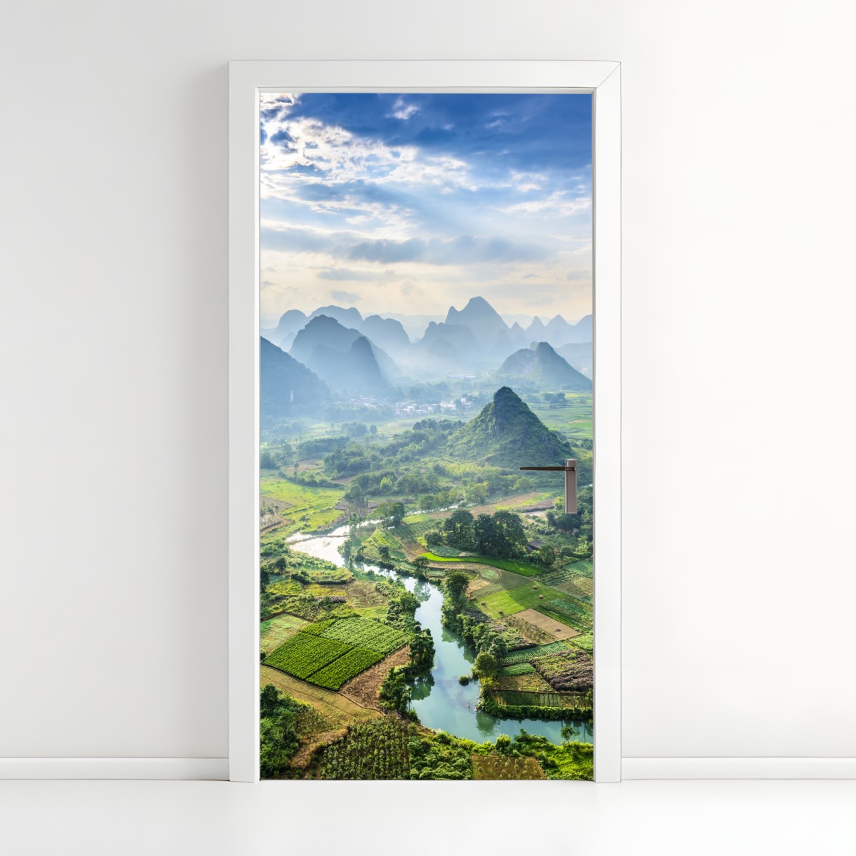 Door sticker misty karst mountain valley at sunrise