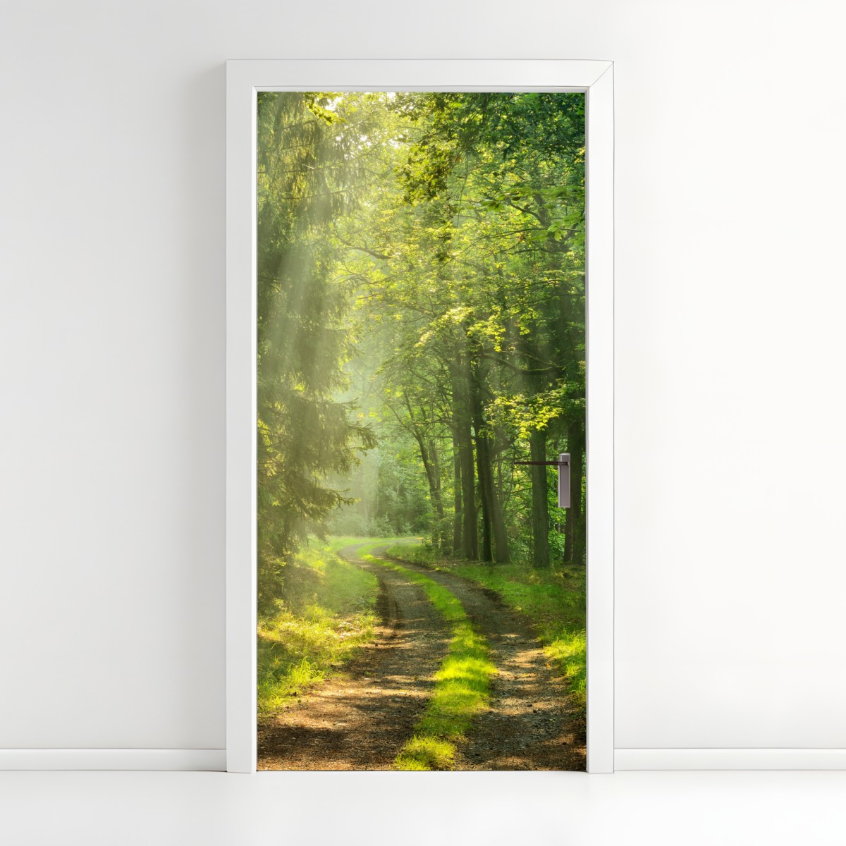 Door sticker sunlit forest path