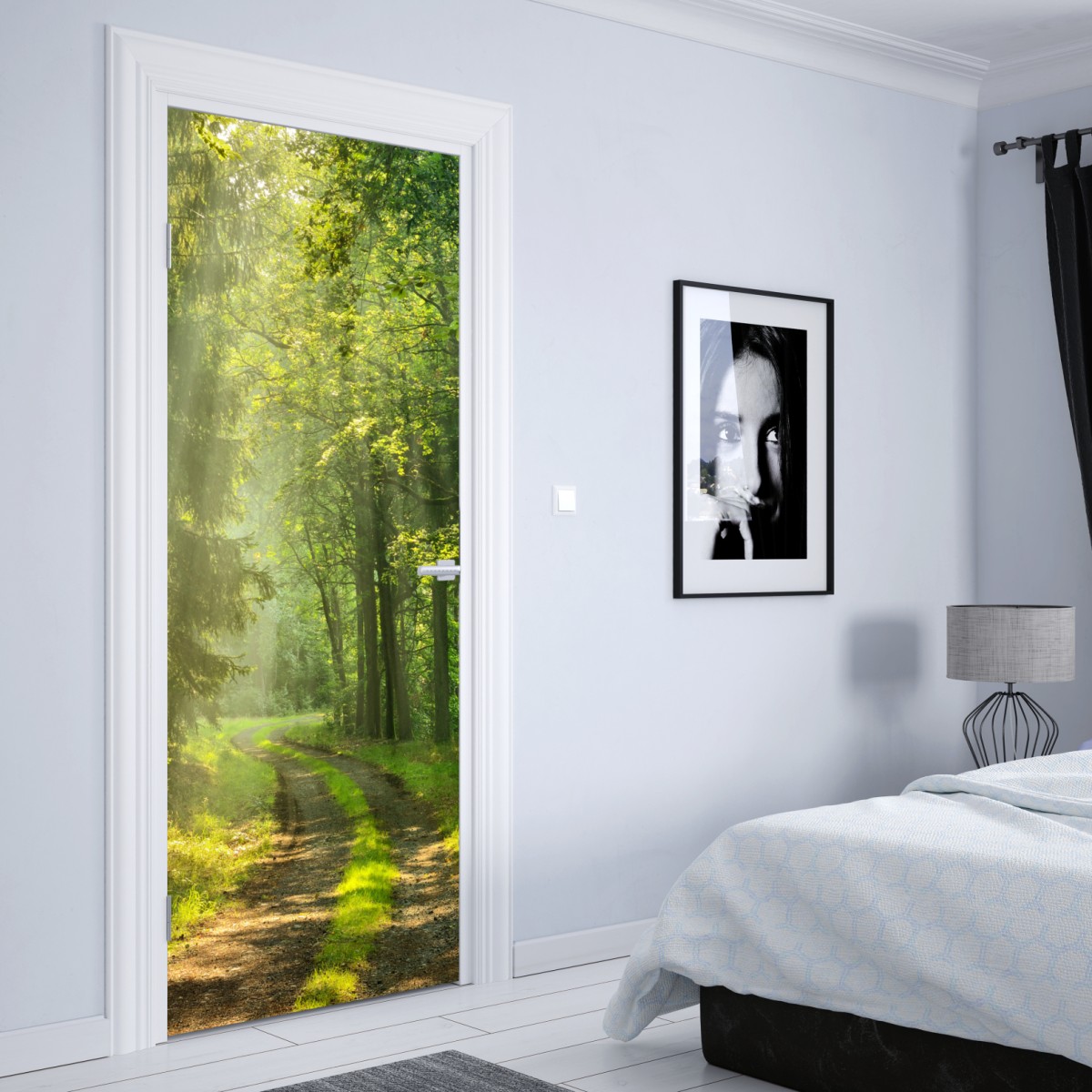 Naklejka na drzwi słoneczna ścieżka w lesie – Wallissimo® Naklejka na drzwi słoneczna ścieżka w lesie – Wallissimo®