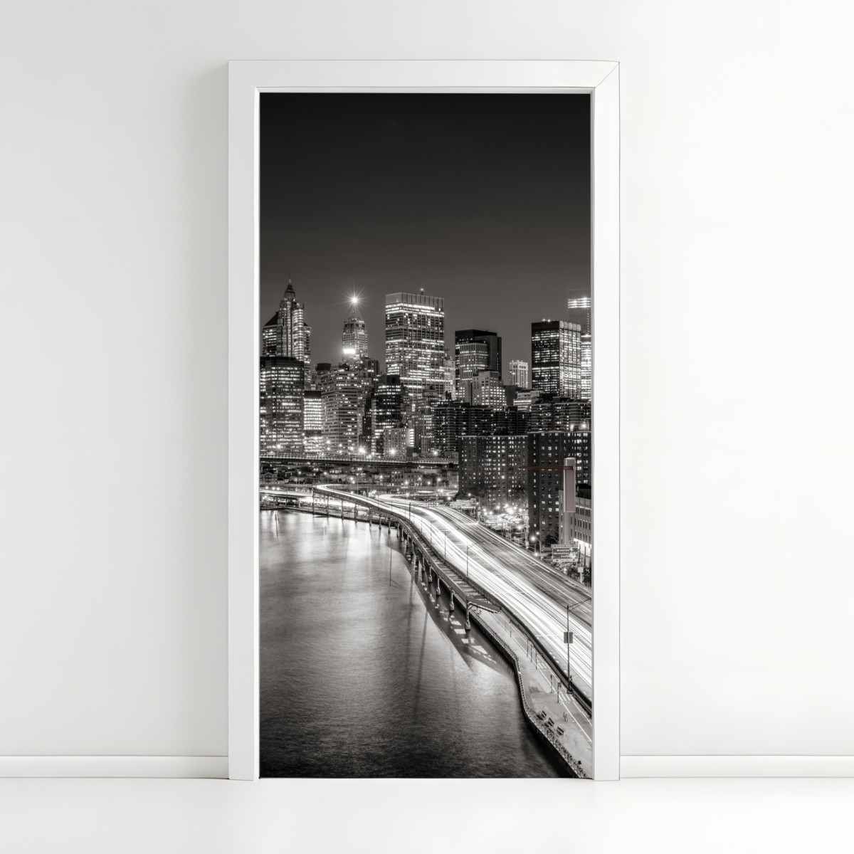 Door sticker monochrome city skyline at night