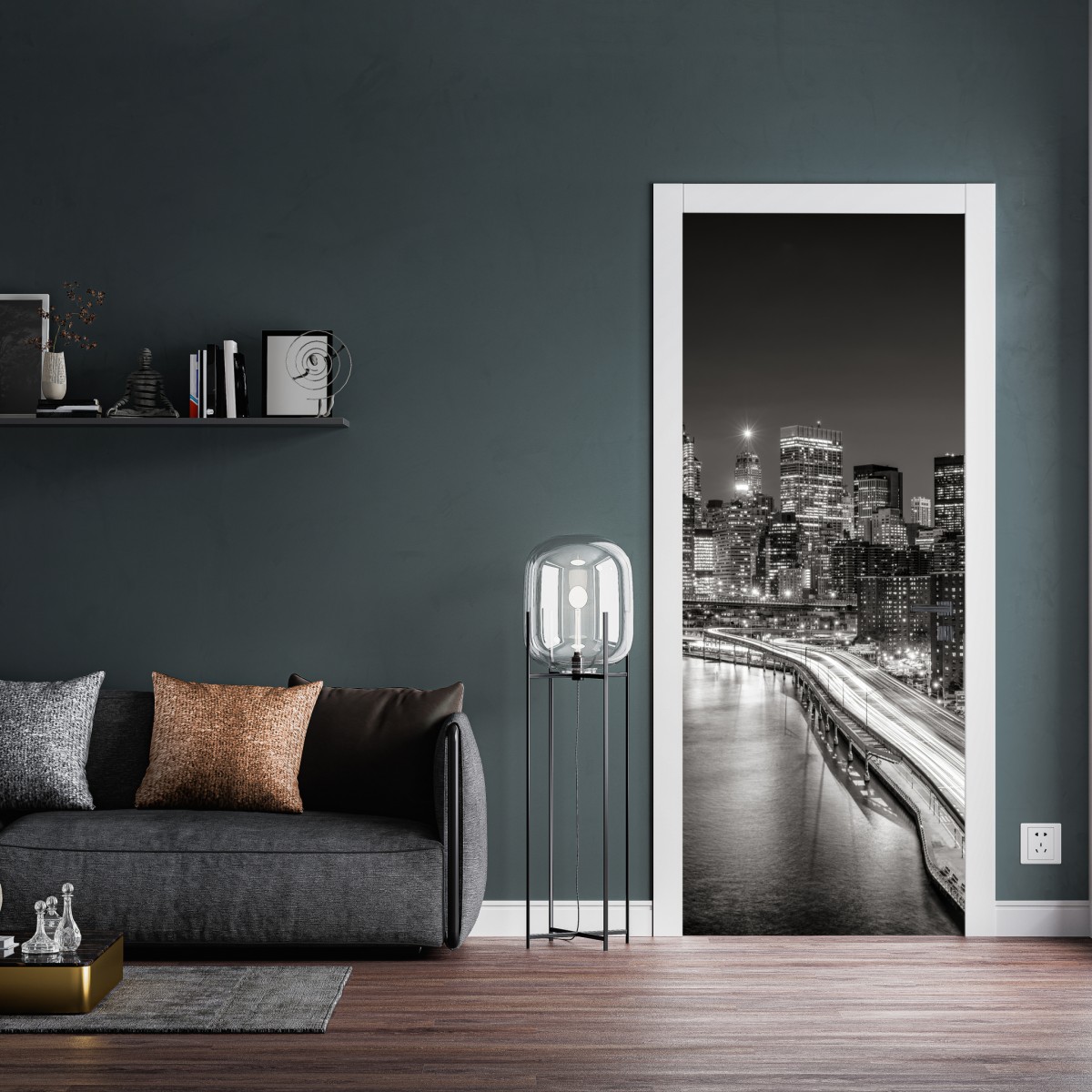 Naklejka na drzwi czarno-biała panorama miasta nocą – Wallissimo® Naklejka na drzwi czarno-biała panorama miasta nocą – Wallissimo®