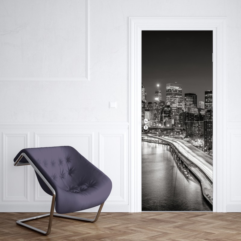 Naklejka na drzwi czarno-biała panorama miasta nocą – Wallissimo® Naklejka na drzwi czarno-biała panorama miasta nocą – Wallissimo®