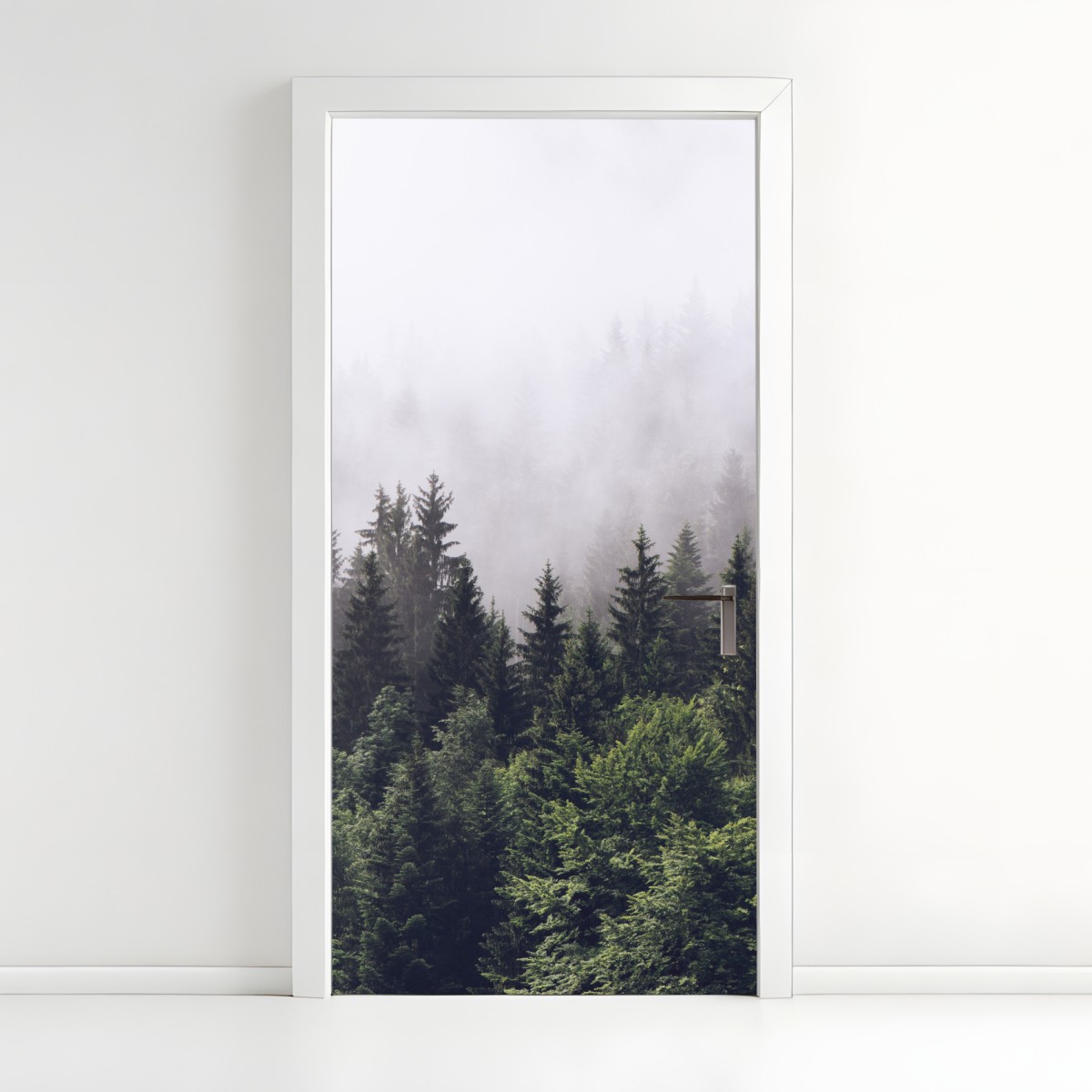 Door sticker misty conifer forest on a mountain slope