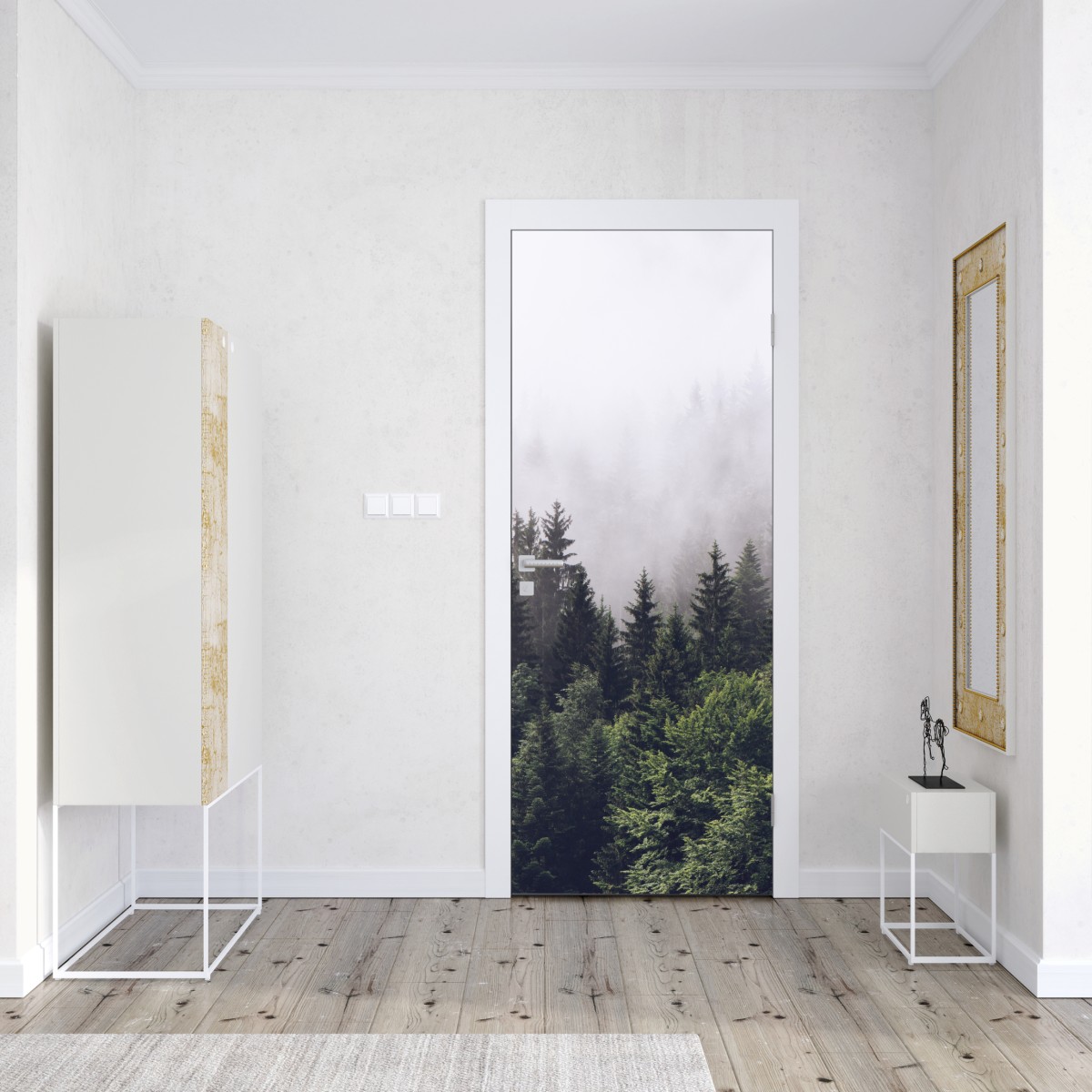 Naklejka na drzwi mglisty las iglasty na górskim zboczu – Wallissimo® Naklejka na drzwi mglisty las iglasty na górskim zboczu – Wallissimo®