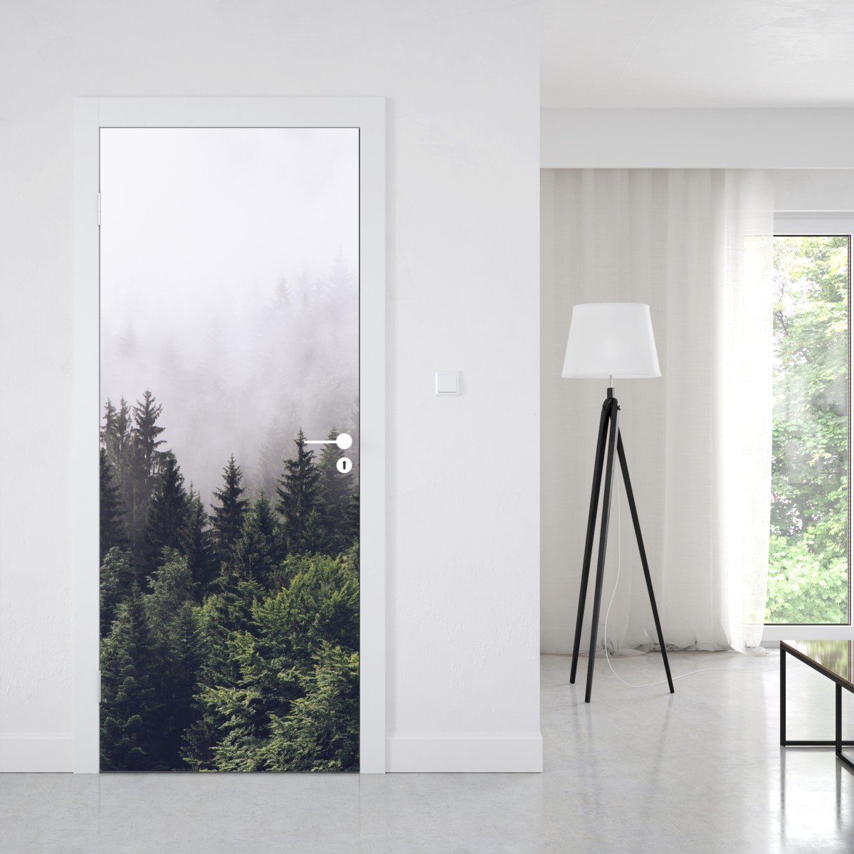 Naklejka na drzwi mglisty las iglasty na górskim zboczu – Wallissimo® Naklejka na drzwi mglisty las iglasty na górskim zboczu – Wallissimo®