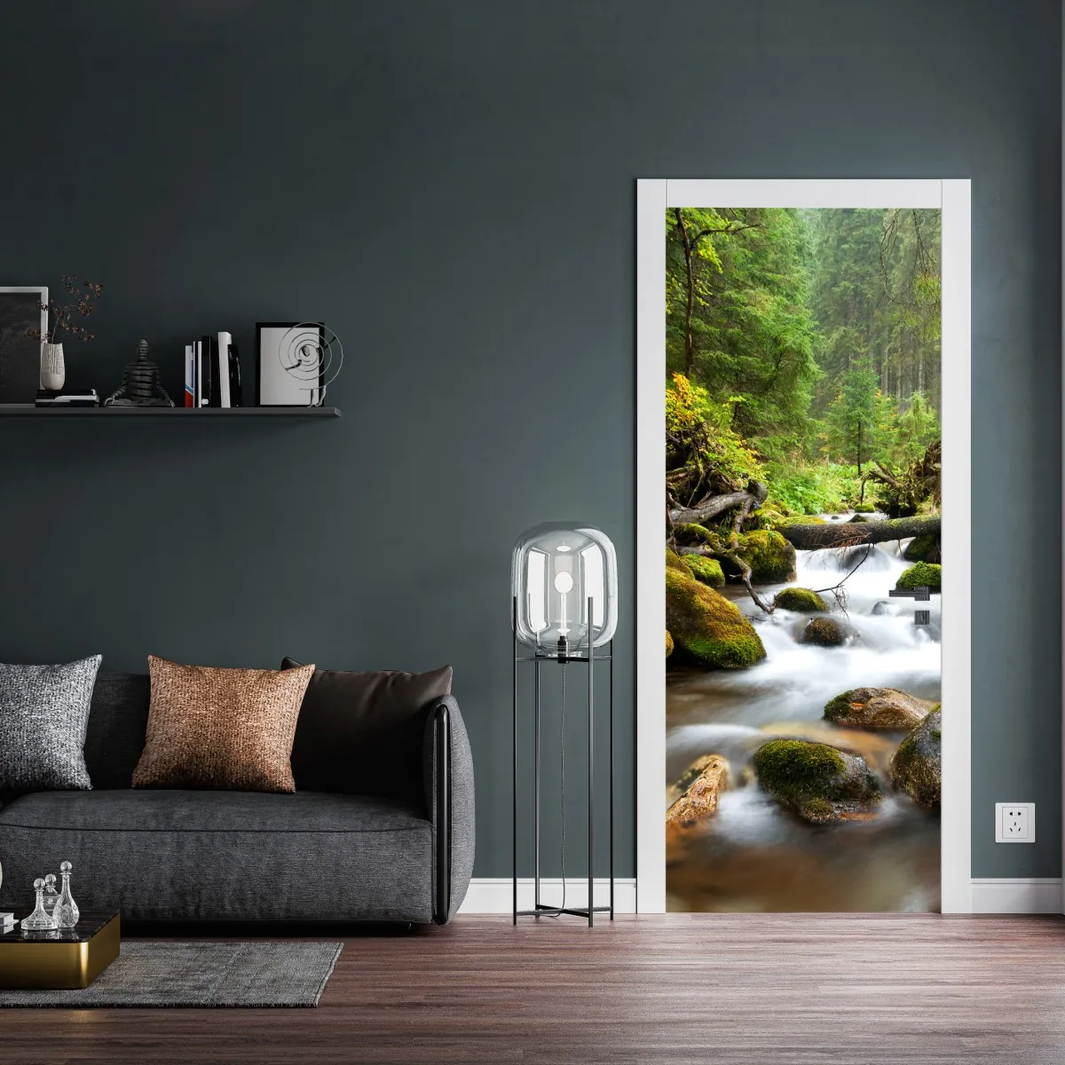 Naklejka na drzwi porośnięty mchem strumień leśny – Wallissimo® Naklejka na drzwi porośnięty mchem strumień leśny – Wallissimo®
