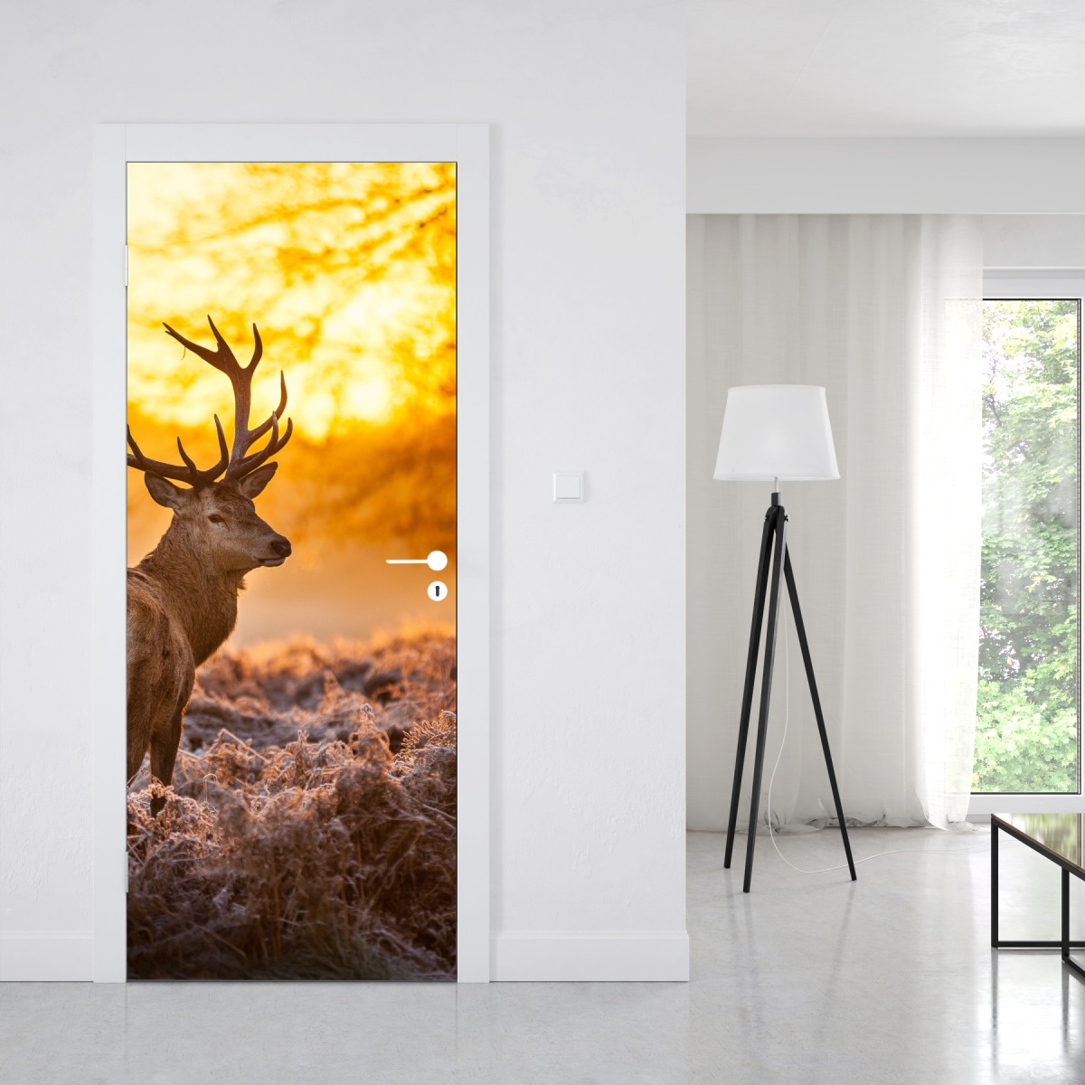 Naklejka na drzwi złoty jeleń o świcie – Wallissimo® Naklejka na drzwi złoty jeleń o świcie – Wallissimo®