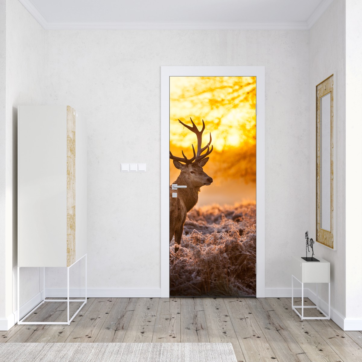 Naklejka na drzwi złoty jeleń o świcie – Wallissimo® Naklejka na drzwi złoty jeleń o świcie – Wallissimo®