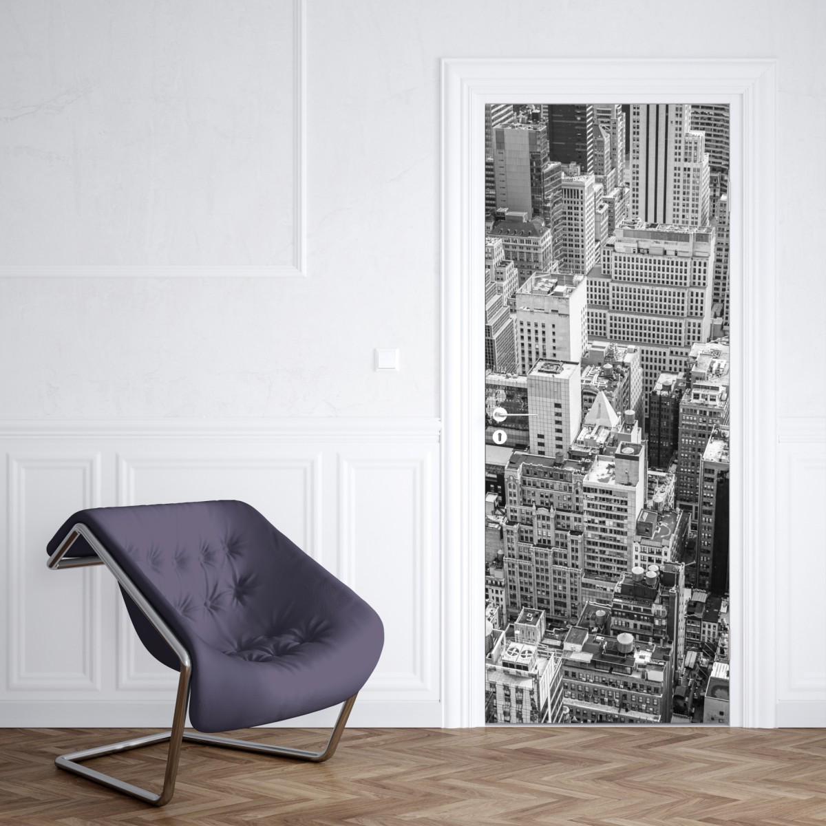 Naklejka na drzwi lotnicza panorama miasta w odcieniach szarości – Wallissimo® Naklejka na drzwi lotnicza panorama miasta w odcieniach szarości – Wallissimo®