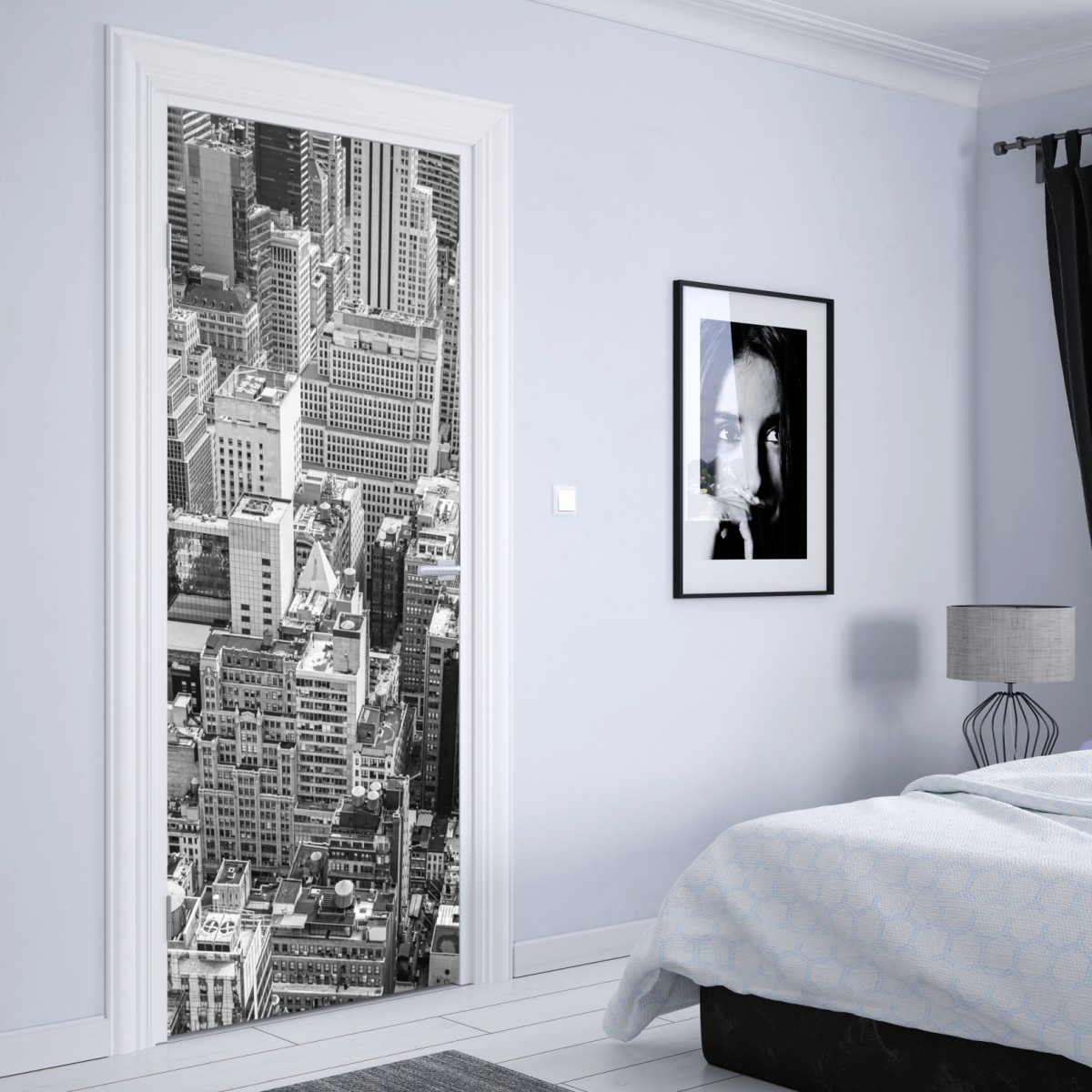 Naklejka na drzwi lotnicza panorama miasta w odcieniach szarości – Wallissimo® Naklejka na drzwi lotnicza panorama miasta w odcieniach szarości – Wallissimo®