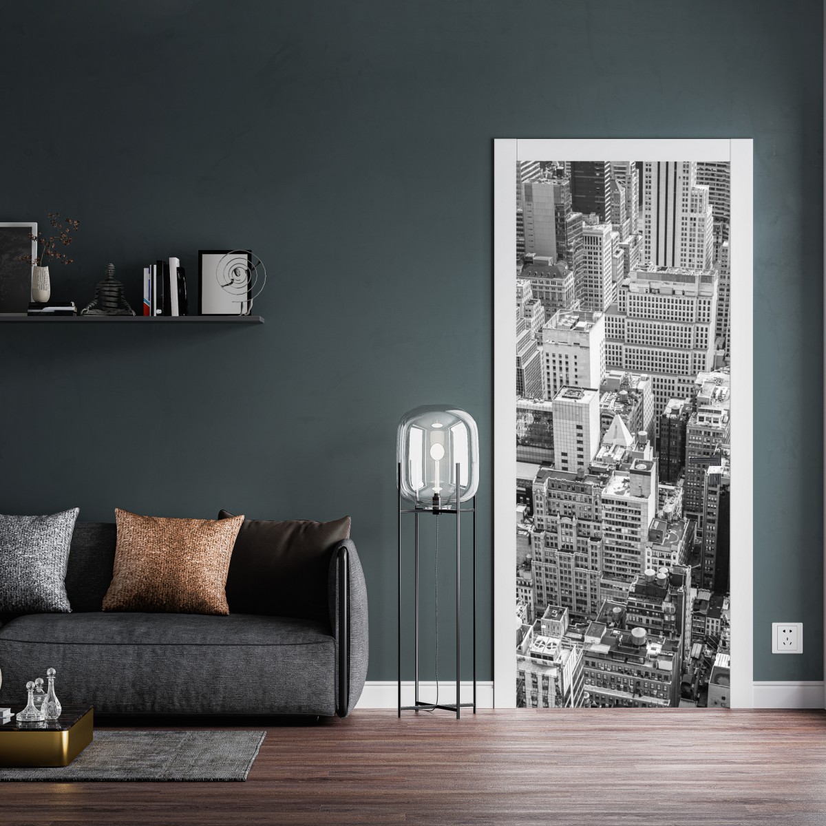 Naklejka na drzwi lotnicza panorama miasta w odcieniach szarości – Wallissimo® Naklejka na drzwi lotnicza panorama miasta w odcieniach szarości – Wallissimo®