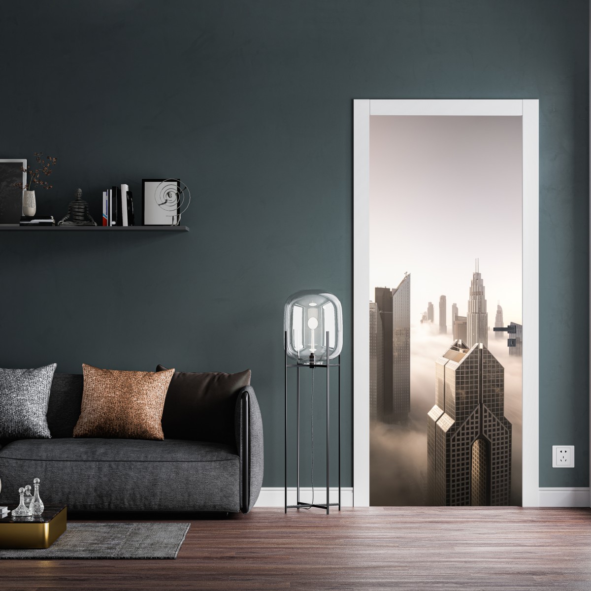 Naklejka na drzwi mglista panorama Dubaju nad chmurami – Wallissimo® Naklejka na drzwi mglista panorama Dubaju nad chmurami – Wallissimo®