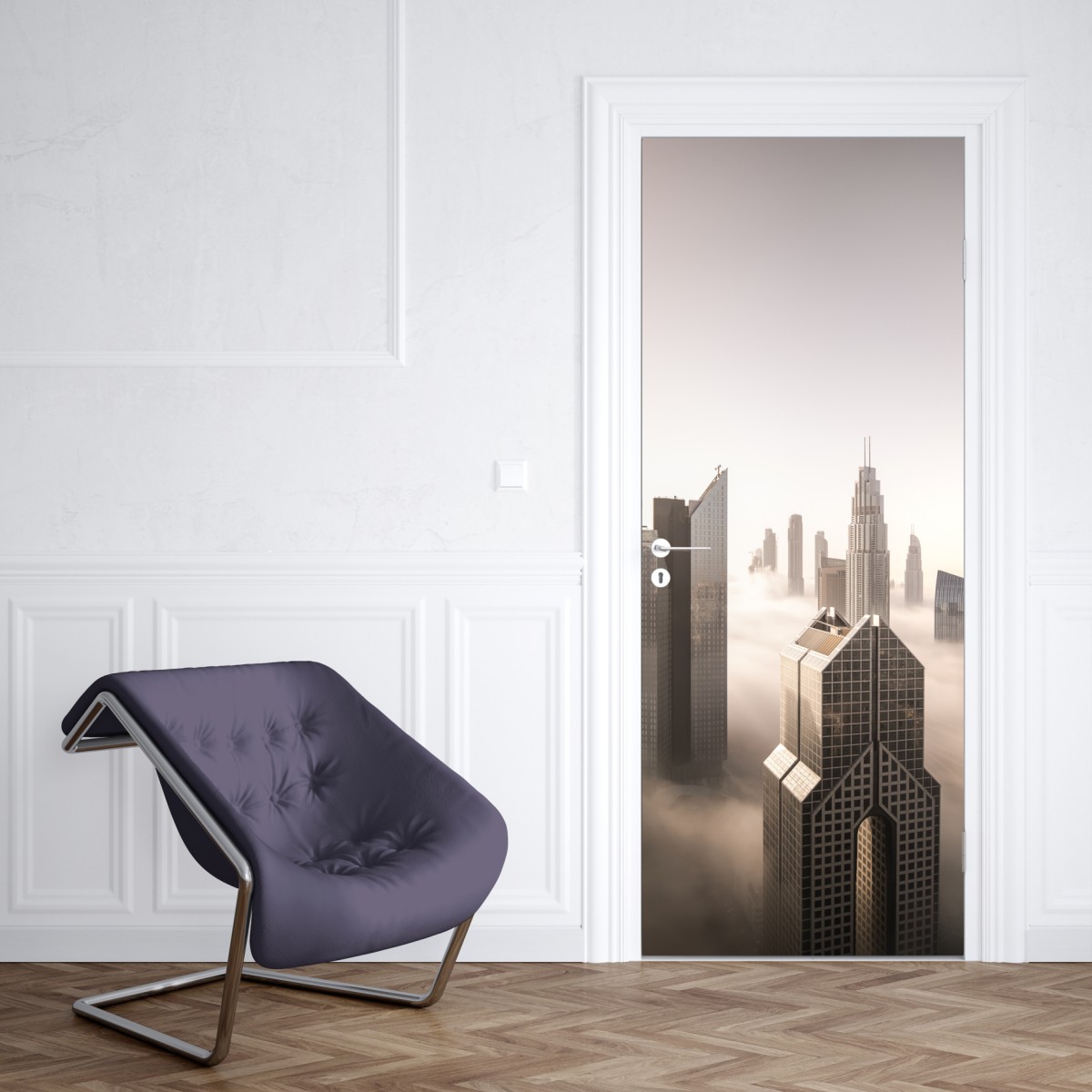 Naklejka na drzwi mglista panorama Dubaju nad chmurami – Wallissimo® Naklejka na drzwi mglista panorama Dubaju nad chmurami – Wallissimo®