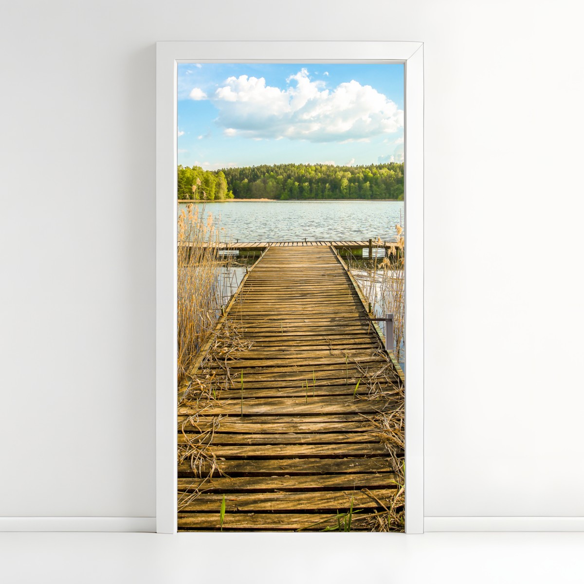 Door sticker wooden pier leading to a tranquil lake
