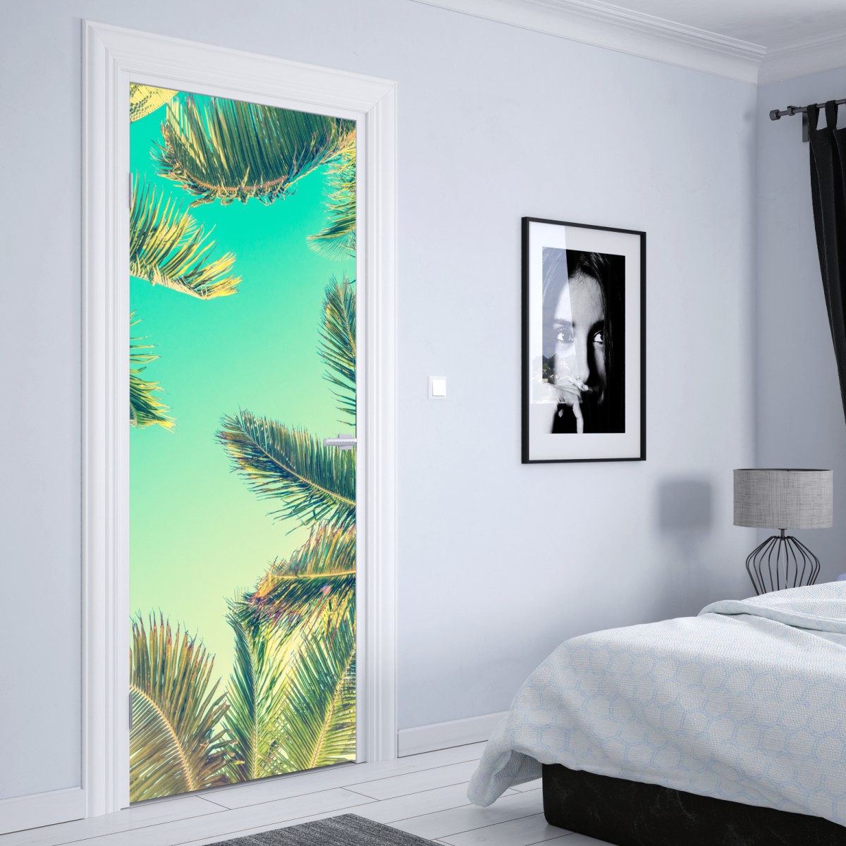 Naklejka na drzwi vintage turkusowy baldachim palm – Wallissimo® Naklejka na drzwi vintage turkusowy baldachim palm – Wallissimo®