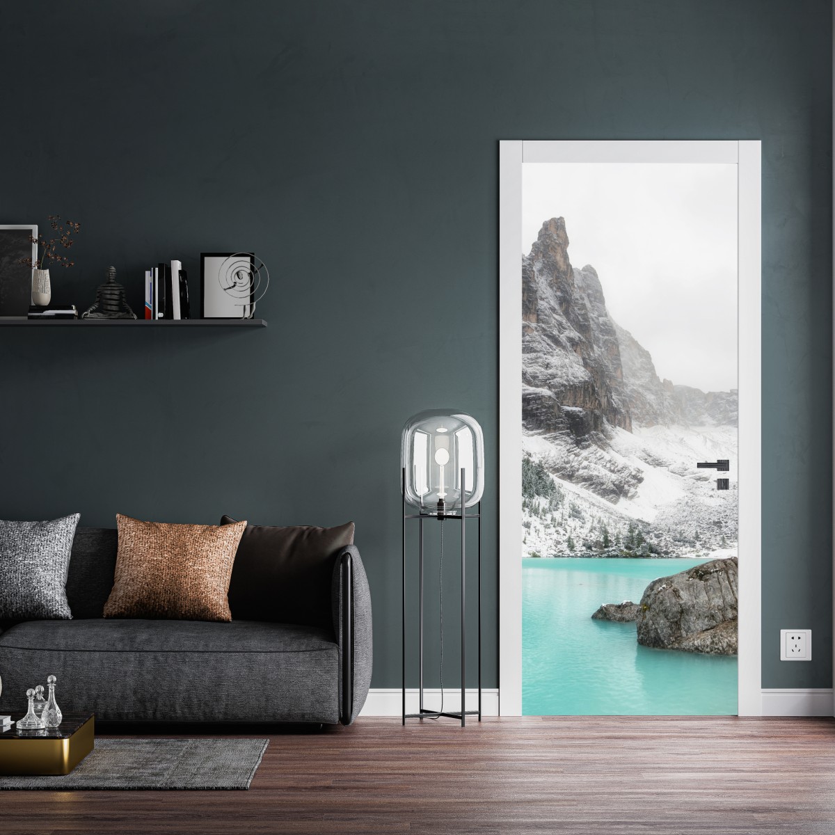 Naklejka na drzwi turkusowe jezioro alpejskie pod ośnieżonymi szczytami – Wallissimo® Naklejka na drzwi turkusowe jezioro alpejskie pod ośnieżonymi szczytami – Wallissimo®