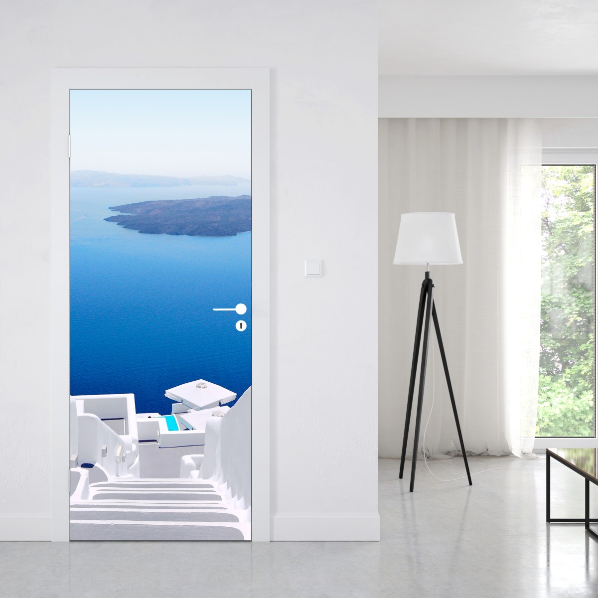 Naklejka na drzwi Santorini białe schody nad morzem – Wallissimo® Naklejka na drzwi Santorini białe schody nad morzem – Wallissimo®