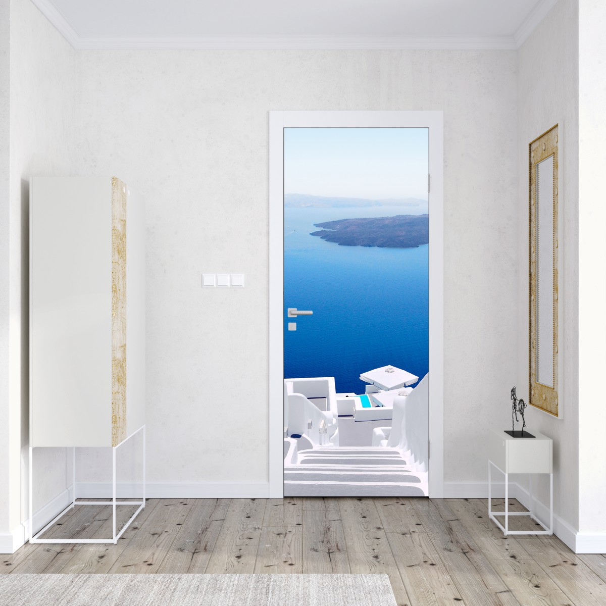 Naklejka na drzwi Santorini białe schody nad morzem – Wallissimo® Naklejka na drzwi Santorini białe schody nad morzem – Wallissimo®