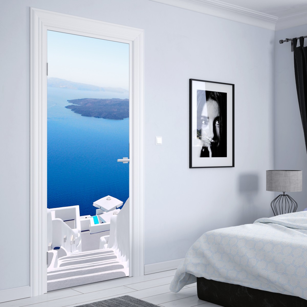Naklejka na drzwi Santorini białe schody nad morzem – Wallissimo® Naklejka na drzwi Santorini białe schody nad morzem – Wallissimo®