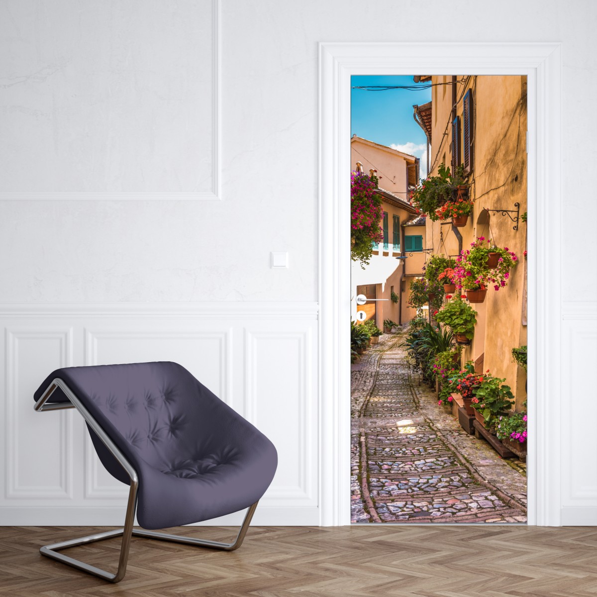 Naklejka na drzwi słoneczna kwiatowa alejka w Umbrii – Wallissimo® Naklejka na drzwi słoneczna kwiatowa alejka w Umbrii – Wallissimo®