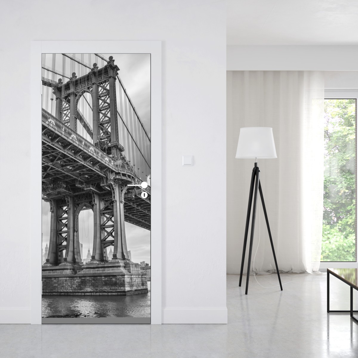 Naklejka na drzwi widok z dołu na most Manhattan i panoramę Nowego Jorku – Wallissimo® Naklejka na drzwi widok z dołu na most Manhattan i panoramę Nowego Jorku – Wallissimo®