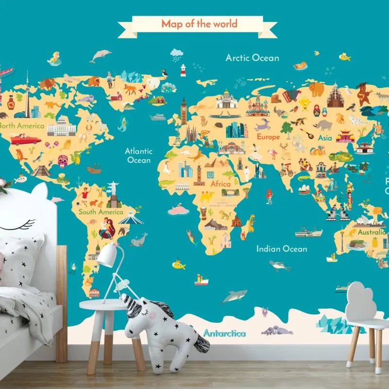 Fototapeta kolorowa ilustrowana mapa świata dla dzieci