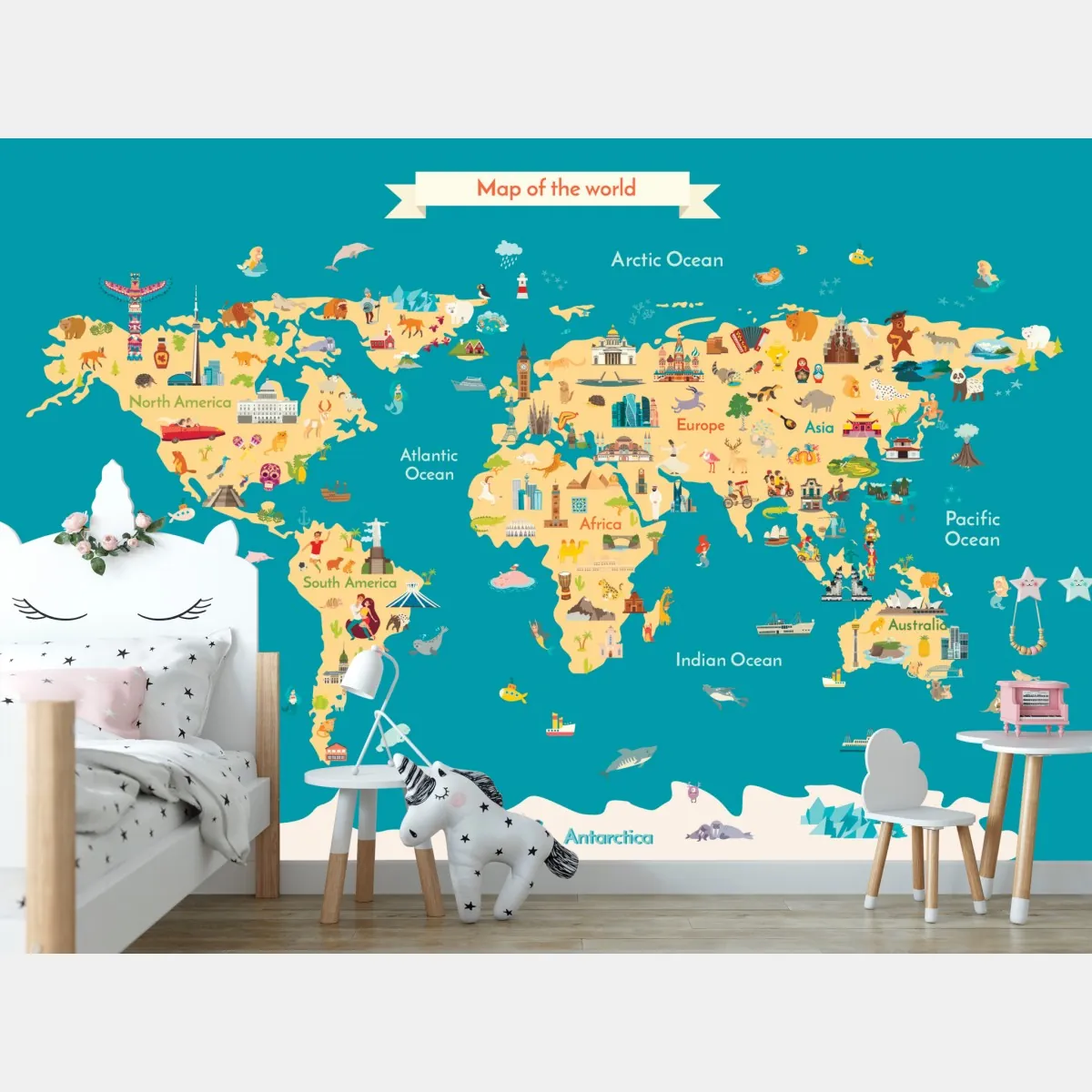 Fototapeta kolorowa ilustrowana mapa świata dla dzieci – Wallissimo® Fototapeta kolorowa ilustrowana mapa świata dla dzieci – Wallissimo®