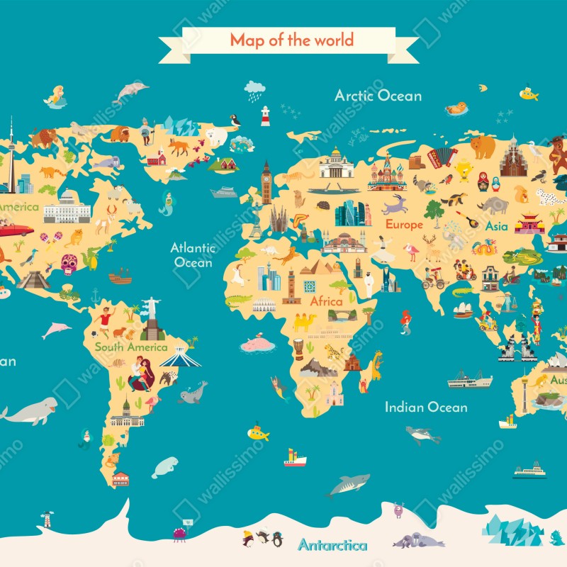 Fototapeta kolorowa ilustrowana mapa świata dla dzieci – Wallissimo® Fototapeta kolorowa ilustrowana mapa świata dla dzieci – Wallissimo®