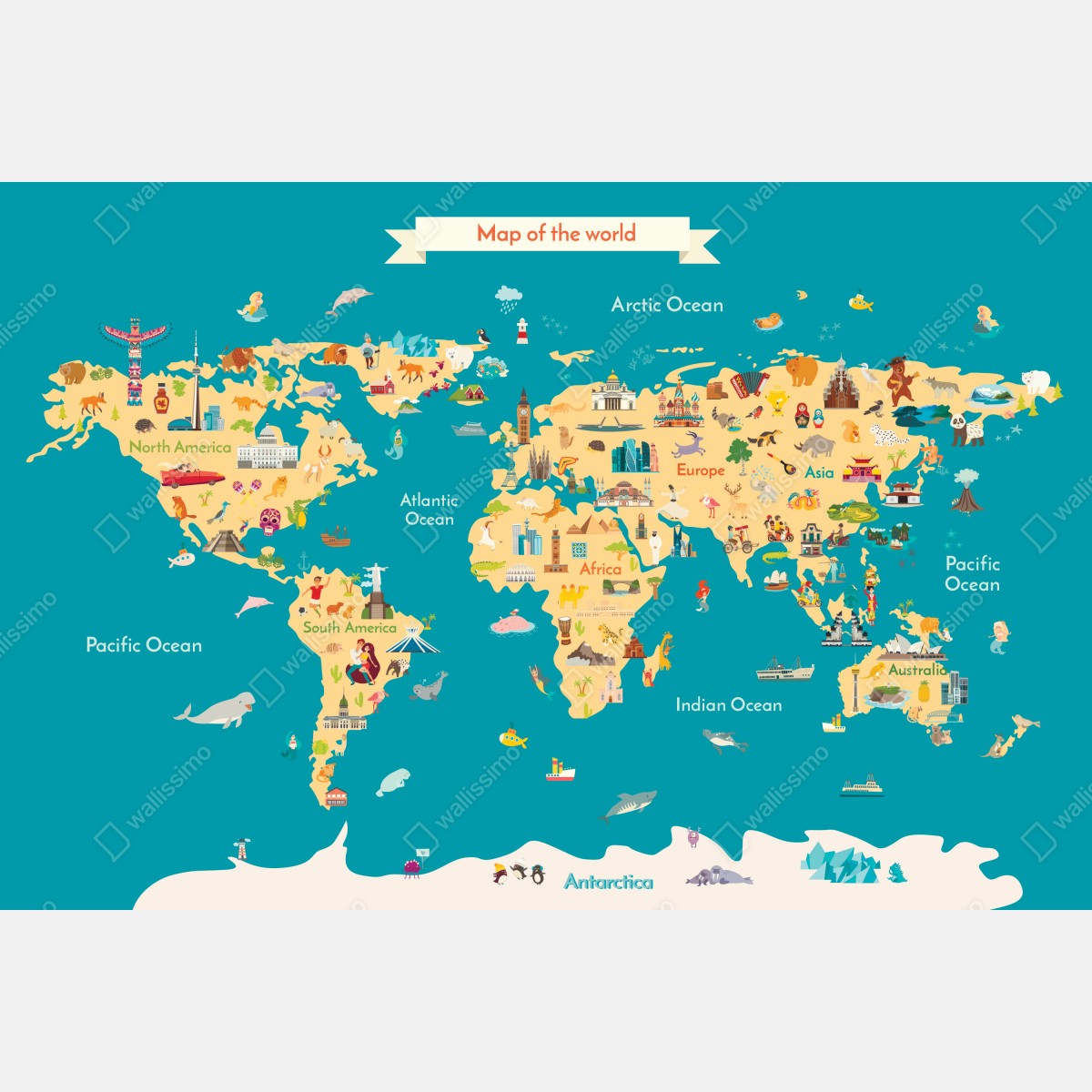 Fototapeta kolorowa ilustrowana mapa świata dla dzieci – Wallissimo® Fototapeta kolorowa ilustrowana mapa świata dla dzieci – Wallissimo®