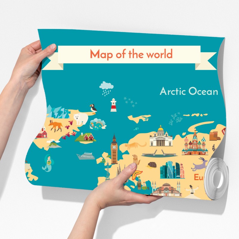 Fototapeta kolorowa ilustrowana mapa świata dla dzieci – Wallissimo® Fototapeta kolorowa ilustrowana mapa świata dla dzieci – Wallissimo®