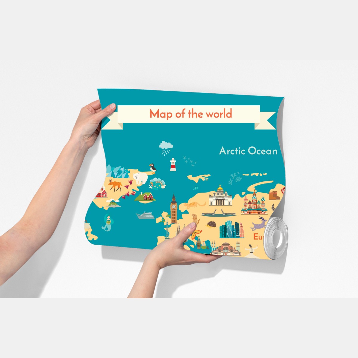 Fototapeta kolorowa ilustrowana mapa świata dla dzieci – Wallissimo® Fototapeta kolorowa ilustrowana mapa świata dla dzieci – Wallissimo®