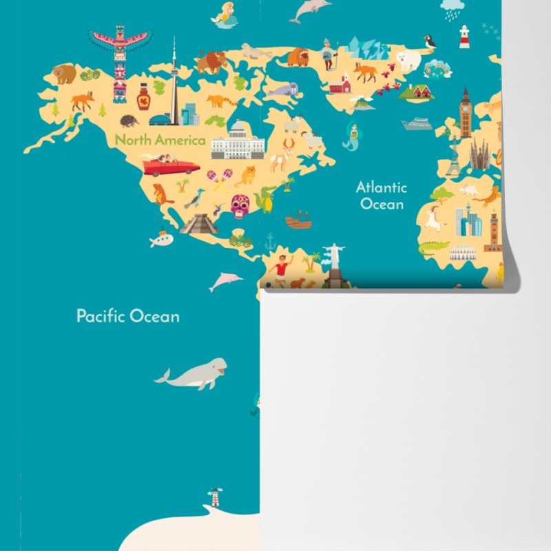 Fototapeta kolorowa ilustrowana mapa świata dla dzieci – Wallissimo® Fototapeta kolorowa ilustrowana mapa świata dla dzieci – Wallissimo®
