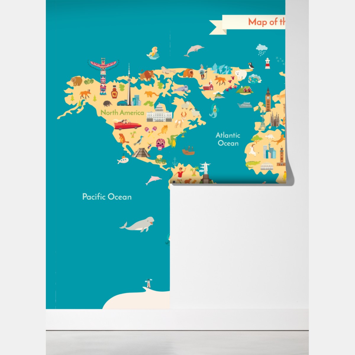 Fototapeta kolorowa ilustrowana mapa świata dla dzieci – Wallissimo® Fototapeta kolorowa ilustrowana mapa świata dla dzieci – Wallissimo®