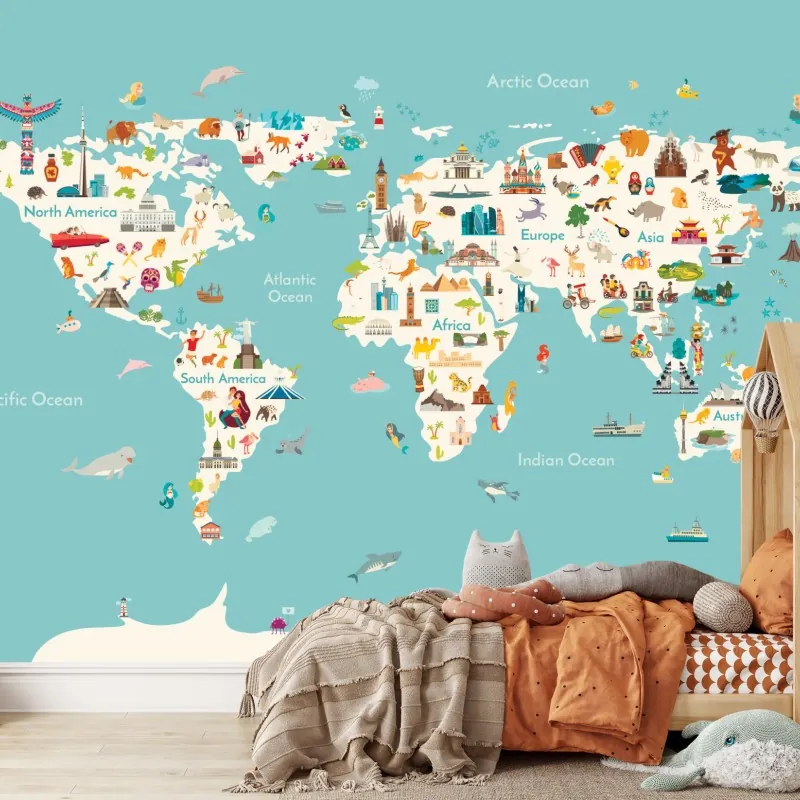 Fototapeta kolorowa ilustrowana mapa świata dla dzieci