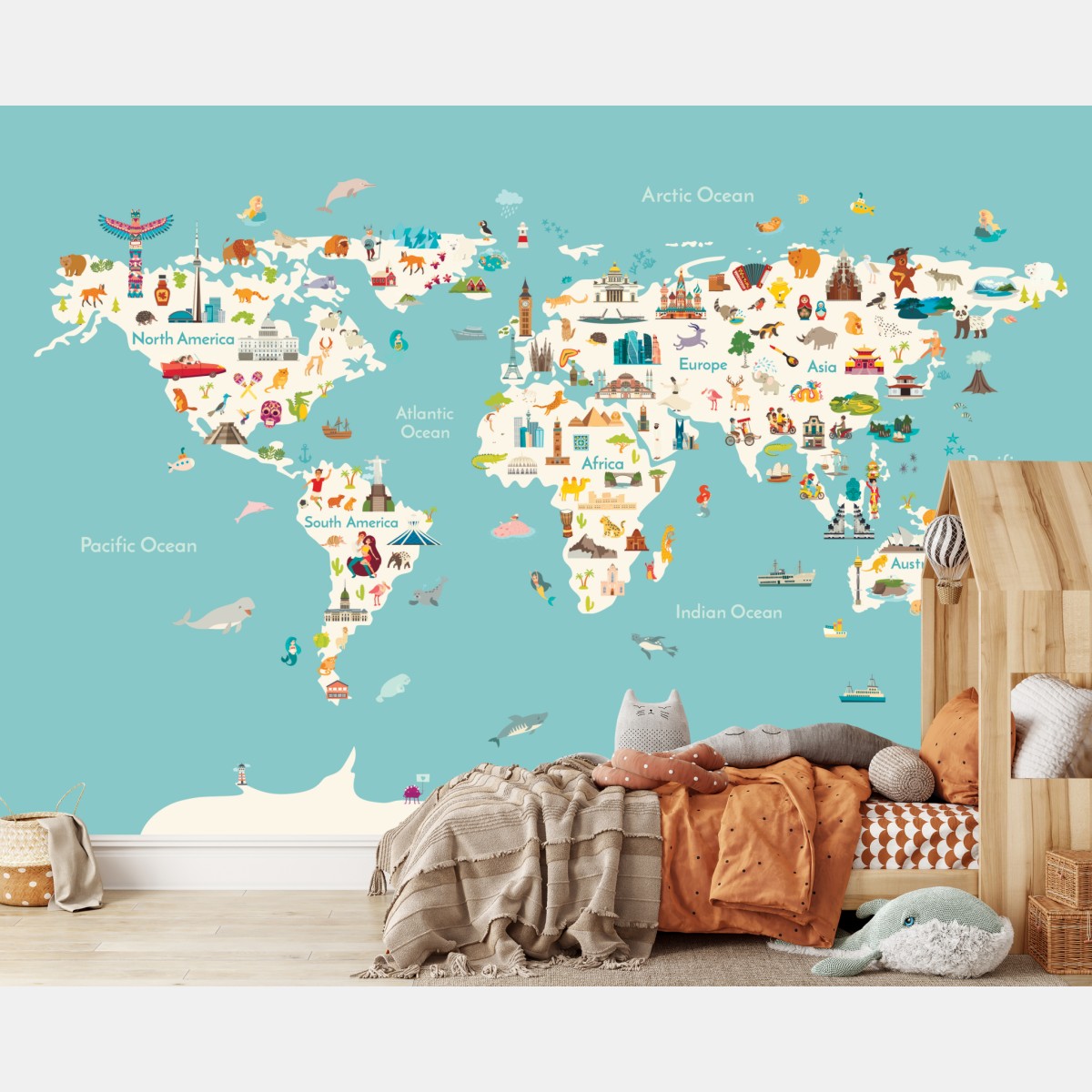 Wall mural colorful illustrated world map for kids