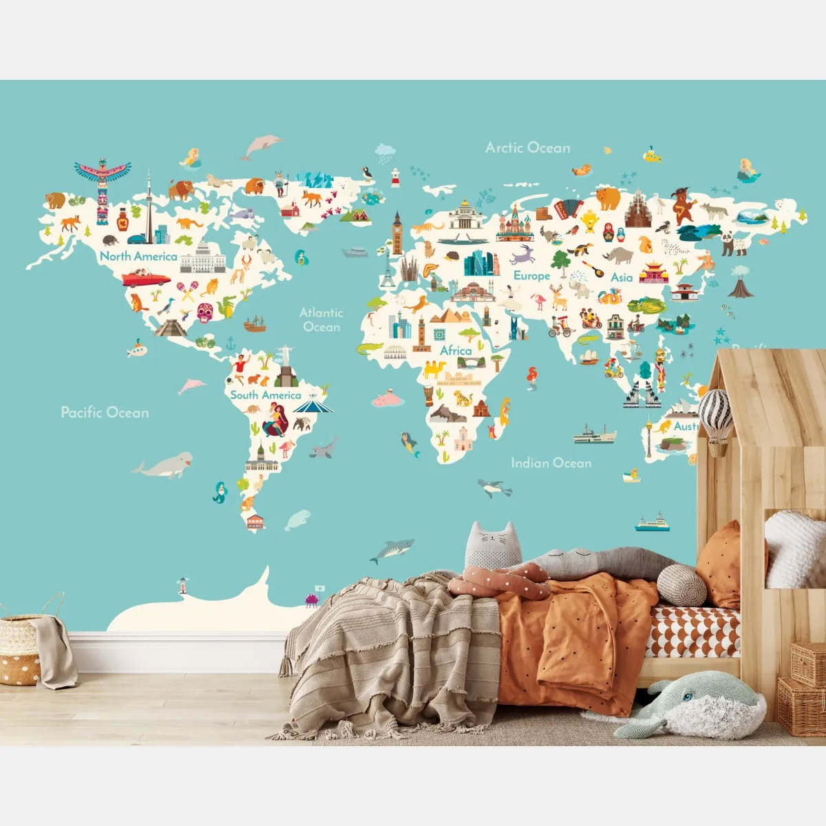 Fototapeta kolorowa ilustrowana mapa świata dla dzieci – Wallissimo® Fototapeta kolorowa ilustrowana mapa świata dla dzieci – Wallissimo®