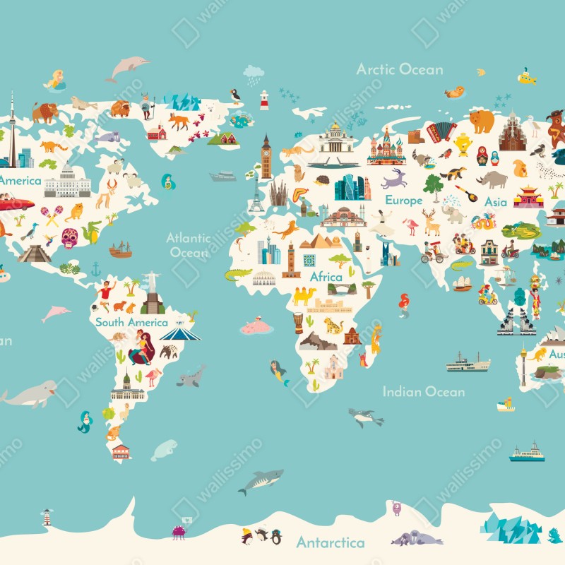 Fototapeta kolorowa ilustrowana mapa świata dla dzieci – Wallissimo® Fototapeta kolorowa ilustrowana mapa świata dla dzieci – Wallissimo®