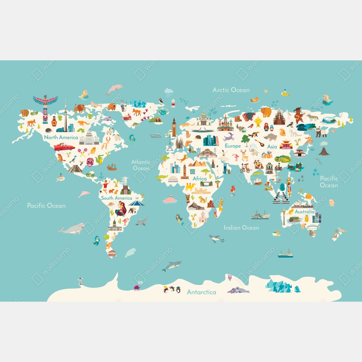 Fototapeta kolorowa ilustrowana mapa świata dla dzieci – Wallissimo® Fototapeta kolorowa ilustrowana mapa świata dla dzieci – Wallissimo®