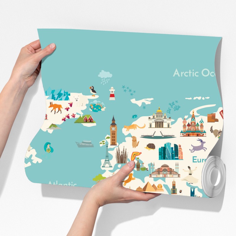 Fototapeta kolorowa ilustrowana mapa świata dla dzieci – Wallissimo® Fototapeta kolorowa ilustrowana mapa świata dla dzieci – Wallissimo®