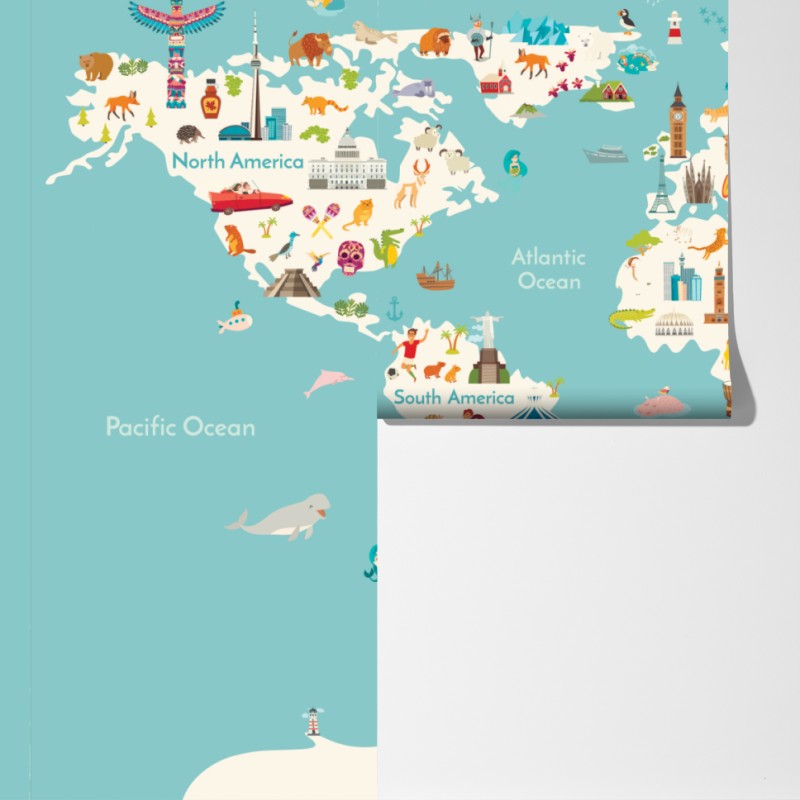 Fototapeta kolorowa ilustrowana mapa świata dla dzieci – Wallissimo® Fototapeta kolorowa ilustrowana mapa świata dla dzieci – Wallissimo®