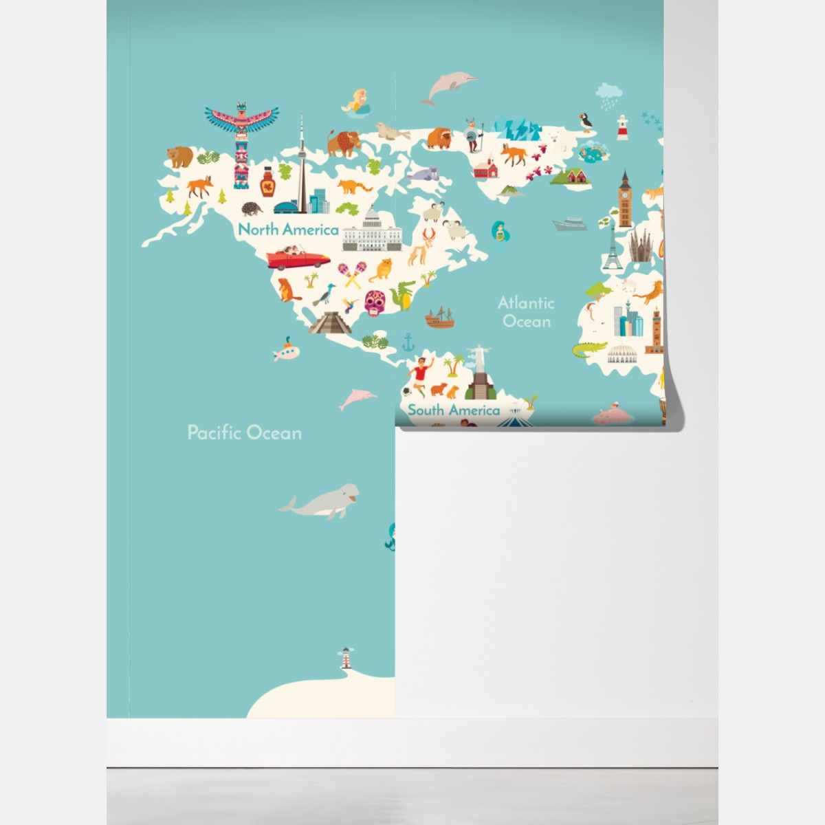 Fototapeta kolorowa ilustrowana mapa świata dla dzieci – Wallissimo® Fototapeta kolorowa ilustrowana mapa świata dla dzieci – Wallissimo®