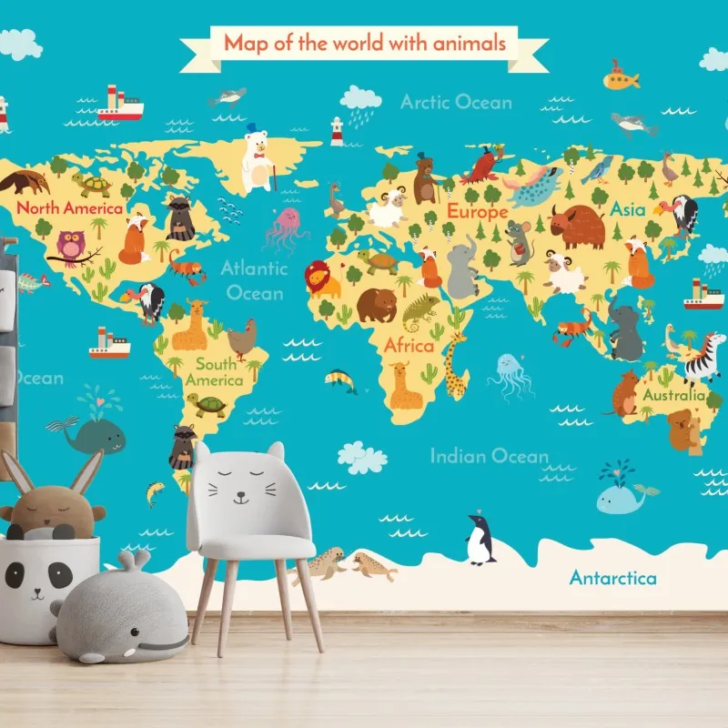 Fototapeta zabawna mapa świata ze zwierzętami – Wallissimo® Fototapeta zabawna mapa świata ze zwierzętami – Wallissimo®