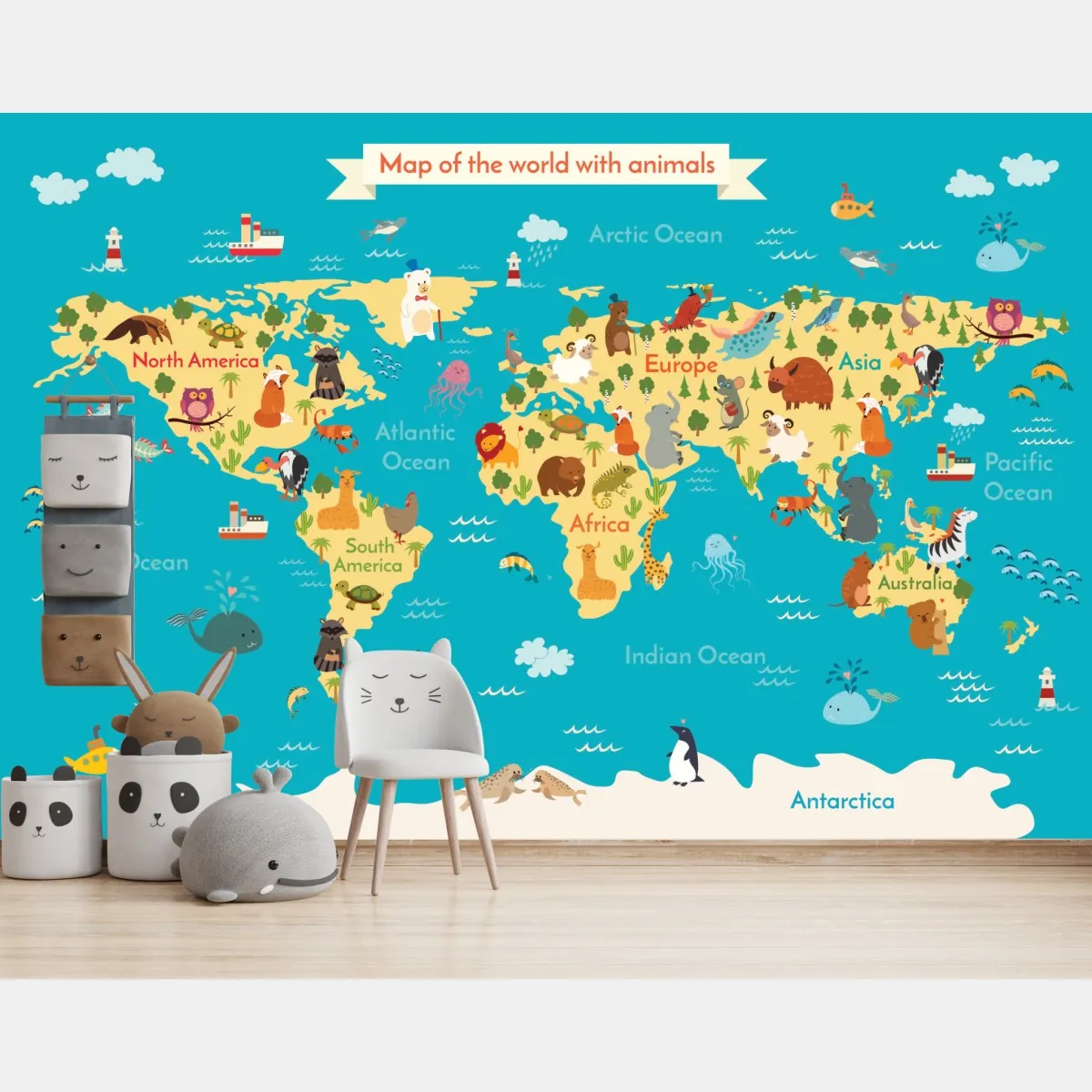 Fototapeta zabawna mapa świata ze zwierzętami – Wallissimo® Fototapeta zabawna mapa świata ze zwierzętami – Wallissimo®