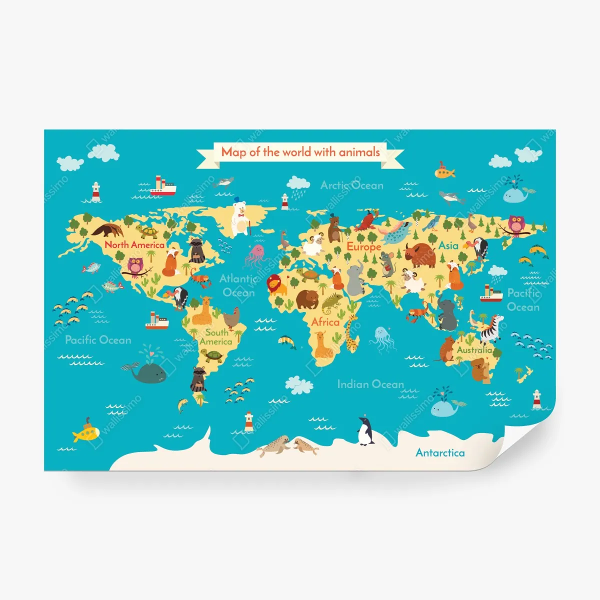 Fototapeta zabawna mapa świata ze zwierzętami – Wallissimo® Fototapeta zabawna mapa świata ze zwierzętami – Wallissimo®