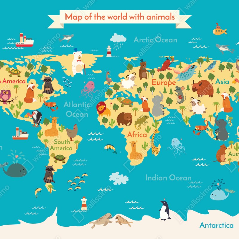Fototapeta zabawna mapa świata ze zwierzętami – Wallissimo® Fototapeta zabawna mapa świata ze zwierzętami – Wallissimo®