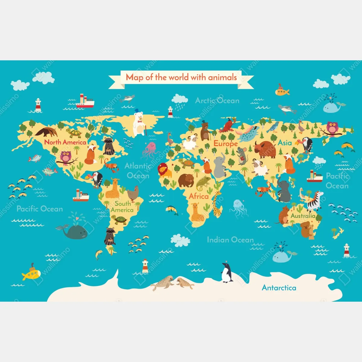 Fototapeta zabawna mapa świata ze zwierzętami – Wallissimo® Fototapeta zabawna mapa świata ze zwierzętami – Wallissimo®