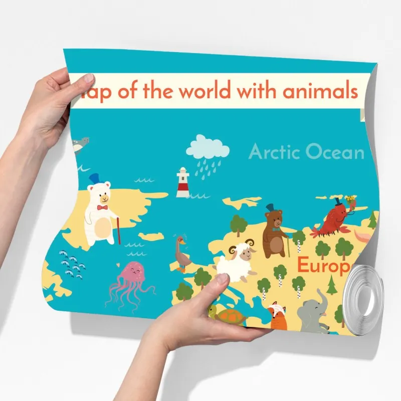 Fototapeta zabawna mapa świata ze zwierzętami – Wallissimo® Fototapeta zabawna mapa świata ze zwierzętami – Wallissimo®
