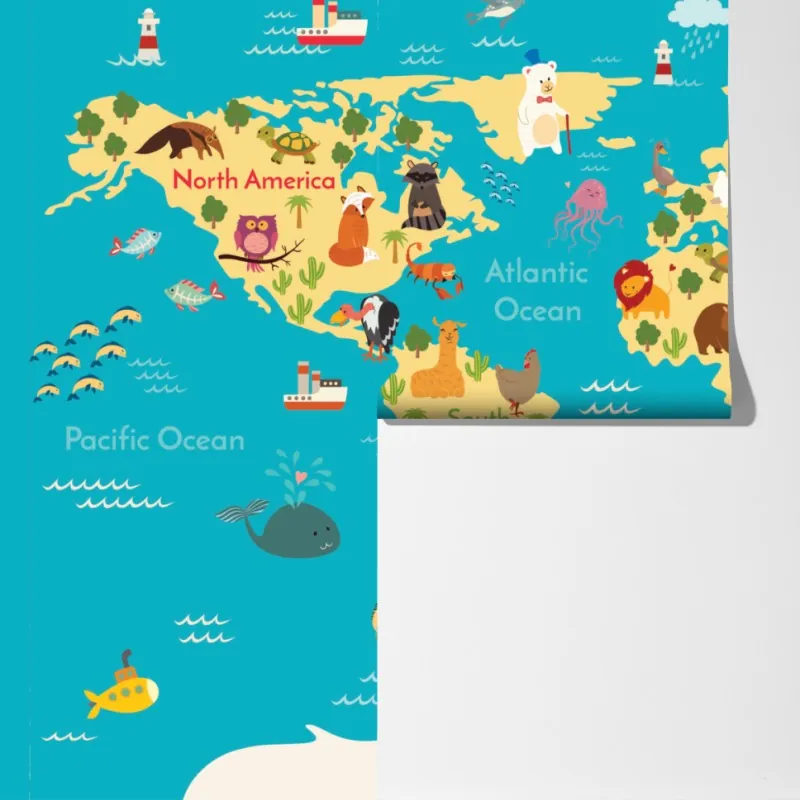 Fototapeta zabawna mapa świata ze zwierzętami – Wallissimo® Fototapeta zabawna mapa świata ze zwierzętami – Wallissimo®